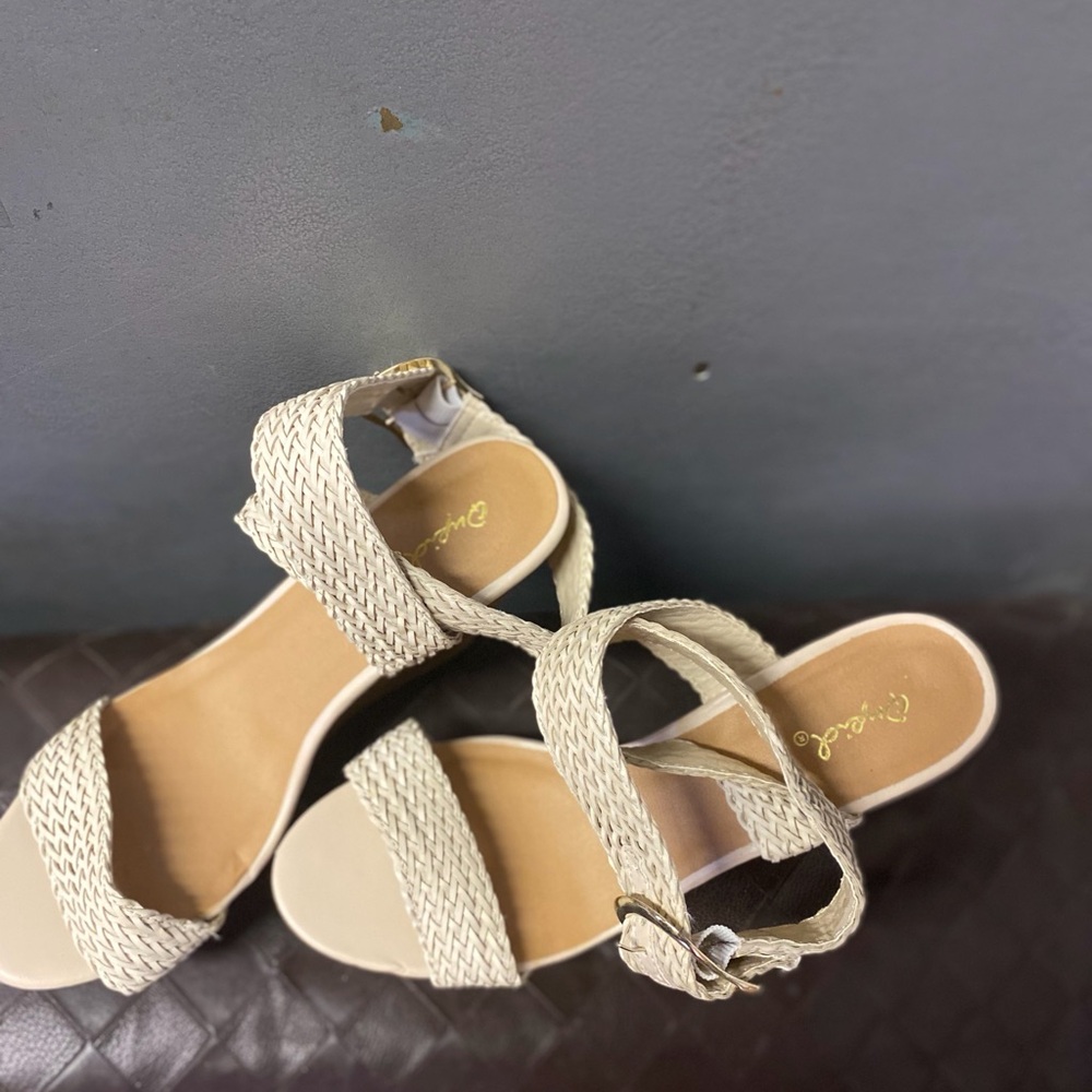 Qupid Cream Woven Ankle-Strap Sandals